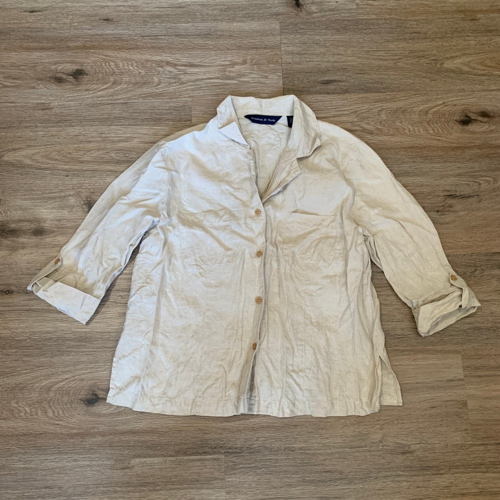 Preston & York Womens 12 Linen Button Up Shirt Beige 3/4 Sleeve Tab Pocket Top
